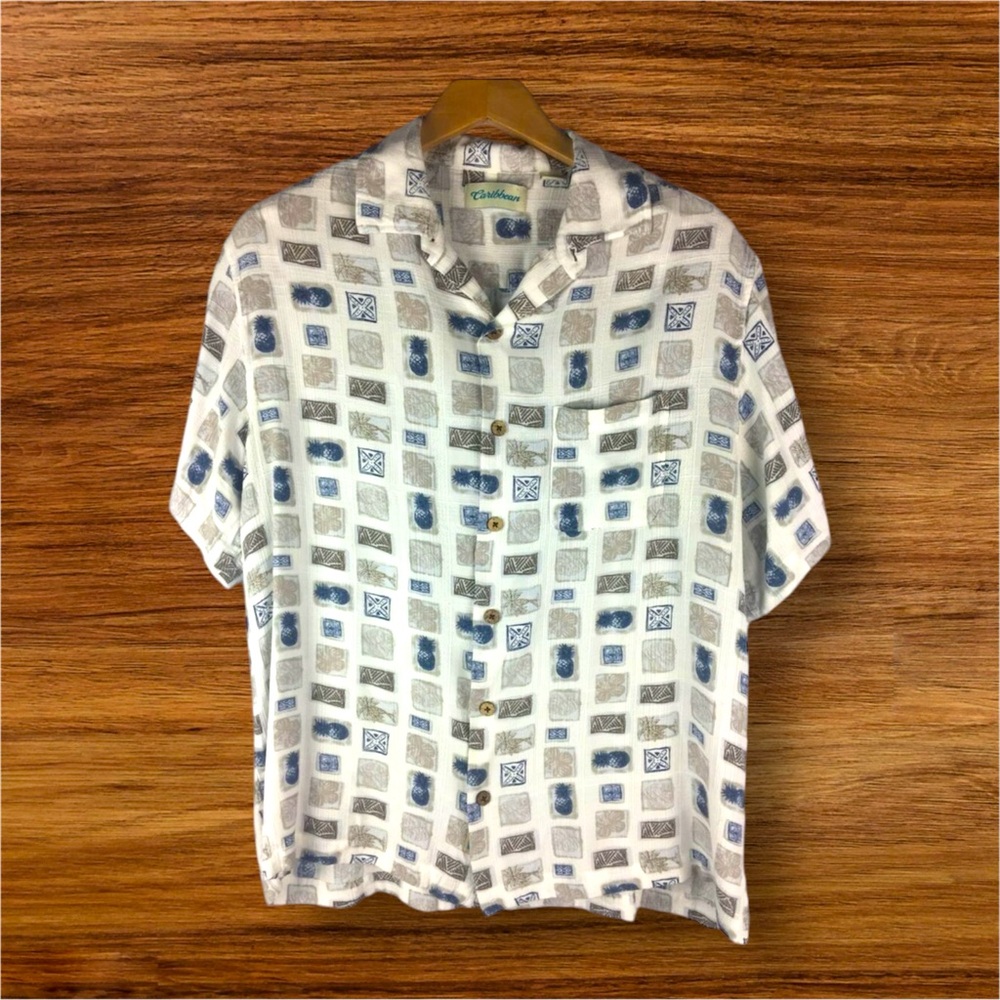 CARIBBEAN Men's Button-Front Short Sleeve White Rayon Tropical Pineapple Size L